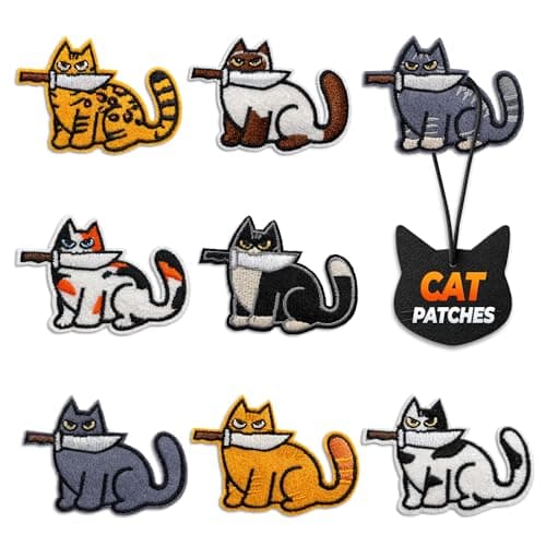 Cat Patches Iron On & Sew On Set of 8 – Easy Fix Embroidered Funny Patches for Hats, Jackets, Backpacks, Jeans & Bags – Cute Cat Patch Set, Gifts for Mom, Dad for Animal Lovers and DIY Decor - Image 1