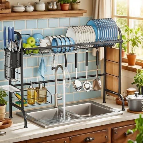 MOUKABAL Dish Drying Rack - Stainless Steel Over The Sink Dish Drying Rack (Expandable Length), Large Dish Rack with Utensil Holder, 32.3" - 33.9"(L) x 11.4"(W) x 23"(H) Black - Image 1