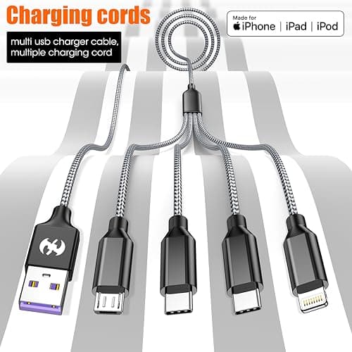 HYXing Multi Charging Cable 4ft 2Pack, 4 in 1 Charging Cable Nylon Braided Lightning iPhone Charger,Universal Charger Phone Cord with Type-C,Micro USB,IP Port for iPhone17-5/Android -Black Grey - Thumbnail 5