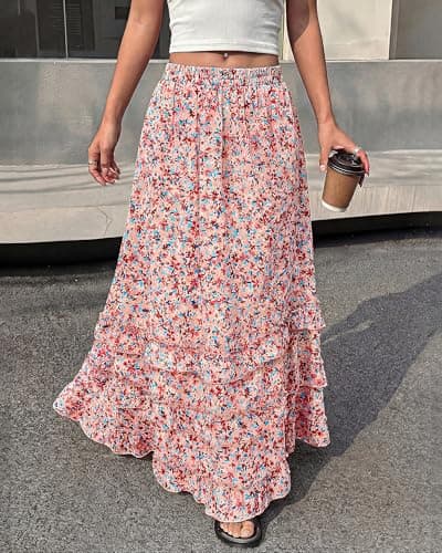 BTFBM Skirts for Women Summer Flowy A-Line Floral Boho Maxi Skirt Long Wedding Guest Dresses Spring Outfits 2026(Floral Pink,X-Large) - Thumbnail 2