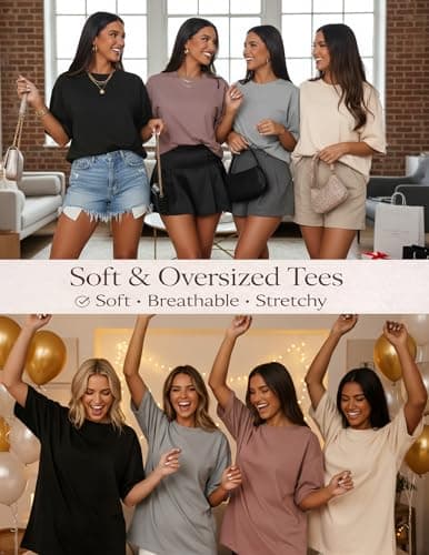 LETSEE 4 Pack Oversized Tshirts for Women Short Sleeve Workout Shirt Crew Neck Loose Fit Baggy Tee Tops Basic Clothes (1 Mushroom 1 Light Grey 1 Apricot 1 Black, Large) - Thumbnail 6