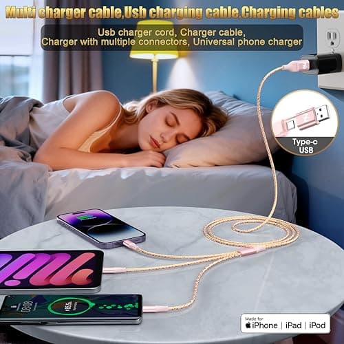 IDISON Multi Charging Cable (4ft 2Pack), 3 in 1 Charging Cable Nylon Braided USB A/C Port iPhone Charger Cord with Type C Lightning USB for Apple iPhone Android Phone -Rose Grey - Thumbnail 3