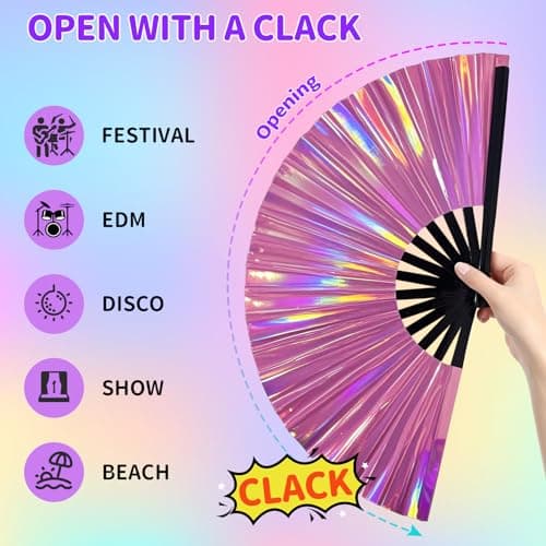EOSAU Large Holographic Rave Fan Folding Hand Fans for Line Dancing Portable Handheld Clack Fan for Festival EDM Party Music Outfit Accessories (13" Pink 01) - Thumbnail 4