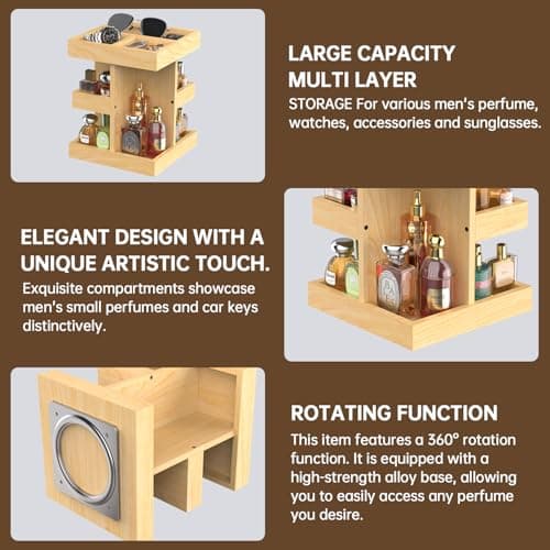 VLXXOI Cologne Organizer for Men Rotating Bathroom Counter Organizer, 3-Tier Solid Wood Storage Caddy, 360-Degree Rotating Stand, Burlywood (Burlywood A) - Thumbnail 2