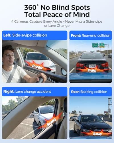 AZDOME 360° 4 Channel Dash Cam Front and Rear Inside, Built-in 128GB eMMC, 2K+1080P*3 Dashcam, Left Right, Voice Control, 5G WiFi Dash Camera for Cars with 4 Adjustable Lenses, IR Night Vision, M660 - Thumbnail 6