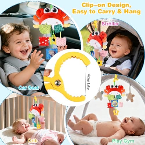 ACGROW Car Seat & Stroller Toys for Baby, Sensory Toy for Babies, Crib Toys Hanging with Clip, Bell, Drawstring, Crinkle, Teether, Carseat Toys for Travel Gift Boys Girls Crab - Thumbnail 2