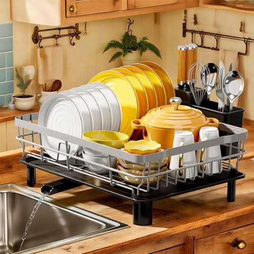 MOUKABAL Dish Drying Rack, Dish Rack, Stainless Steel Dish Racks for Kitchen Counter, Dish Drainer with Removable Utensil Holder, Drainboard (Grey,13''W x 17''L)