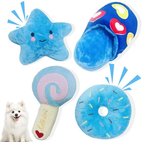 MOSYZEO Soft Dog Toys for Small Dogs, 4 Packs Cute Chew Toys for Puppy, Durable Soft Plush Small Dog Toys, Blue Stars Designs, Puppy Toys - Image 1