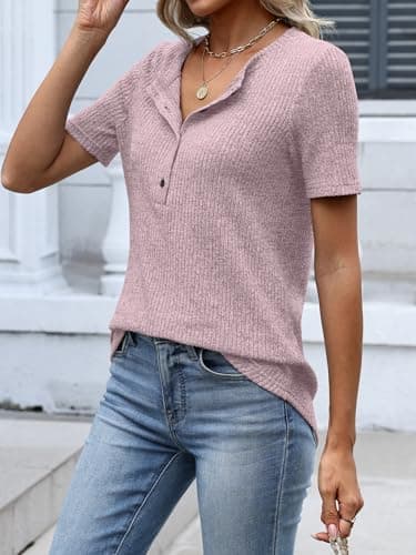 ANRABESS Womens Tops Short Sleeve Henley Shirts Dressy Casual Blouse Summer Cute Tshirt 2026 Spring Lightweight Tunic Sweater Pink Medium - Thumbnail 6