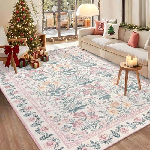 Pink Rugs for Bedroom Girls: Floral 6x9 Washable Area Rug for Nursery Kids Room Living Room Boho Decor - Soft Non-Slip Non-Shedding Carpet - Image 1