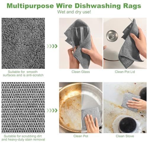 Jeymei 10 Counts Multipurpose Wire Dishwashing Rag,Non Scratch Wire Dishcloth for Washing Dishes,Microfiber Miracle Cleaning Cloth with Mesh,Dual-Sided Steel Mesh Cloth for Pot,Metal Scrubber,Grey - Thumbnail 5