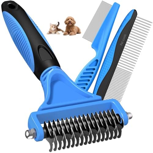 3PCS Pet Grooming Rake & Metal Comb & Flea Comb for Cats and Dogs, Double-Sided Dematting Tool, Extra-Wide Deshedding Dog Brush for Long Hair to Effectively Remove Tangles, Knots and Mats (Blue) - Image 1