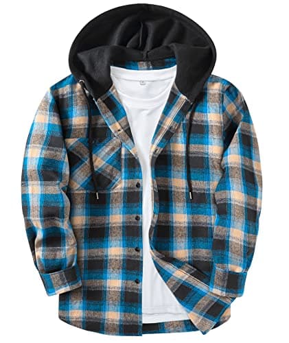 Men's Flannel Hoodie Shirts Long Sleeve Stylish Hooded with Pocket Casual Button Down Plaid Shirt Jackets for Men Blue Large - Image 1