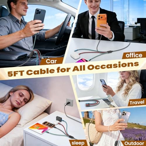 Travel 4 in 2 Multi Charging Cable, USB A/C Charging cords with Dual Type-C/Lightning/Micro USB, Universal iPhone Charger Cord for iPhone Series/Androids/Tablets, Multi Charger Cable (2Pack, 5FT) - Thumbnail 3