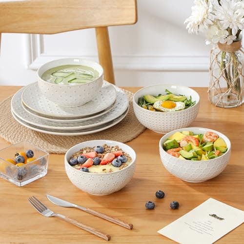 MALACASA 16 Pieces Dinnerware Sets, Modern Relief Design Plates and Bowls Sets, White Dish Set for 4, Kitchen Ceramic Dinner Plates Dishware Set, Microwave and Dishwasher Safe, Series LYDIA - Thumbnail 6