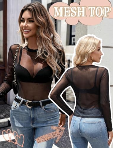 Avidlove Black Mesh Top Women Sheer Blouses for Women Mesh Undershirt Women T Shirt Black Long Sleeve Top Black L - Thumbnail 4