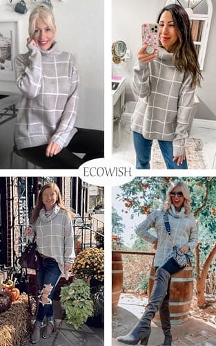 ECOWISH Women Fall Pullover Sweater Turtleneck Plaid Long Sleeve Loose Casual Chunky Checked Knit Winter Sweaters Jumper Tops 014gray S - Thumbnail 6