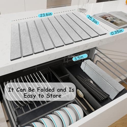 Stone Dish Drying Mat For Kitchen & Bathroom - Diatomaceous Earth, Quick Dry, Collapsible, Non - Slip Pvc, Rounded Corners, 15.4 X 23.6 IN, Absorbent, Natural Material For Dishes, Cups & More - Thumbnail 4