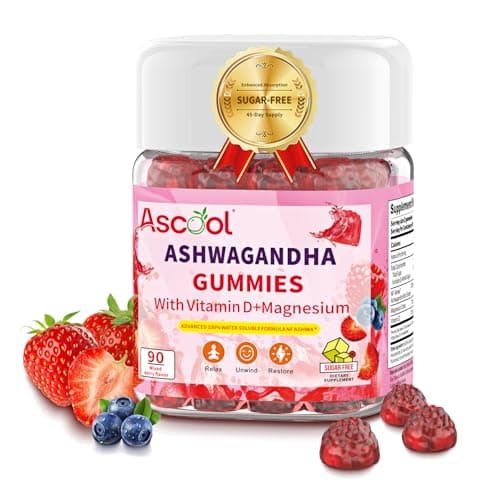 Ascool Ashwagandha Gummies for Stress Support & Relaxation with Magnesium + Vitamin D – 90 Count Sugar-Free, Vegan Ashwa Supplements - Image 1