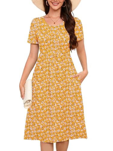 DEARCASE Women's Dresses Yellow Cockscomb Flower X-Large Short Sleeve A line Summer Beach Midi Sundress Casual Wedding Guest Flowy Swing Cocktail Party Holiday Spring Travel Long Dress with Pockets - Image 1