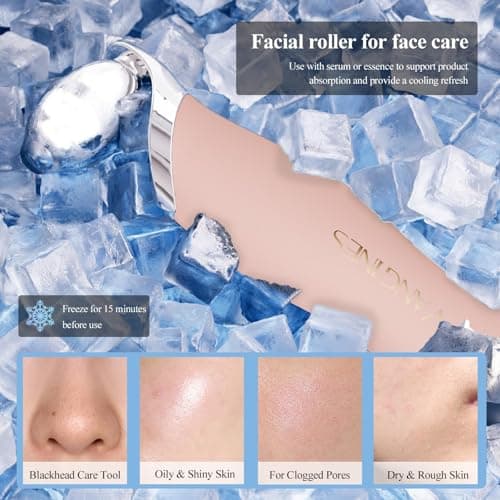 Vangines Blackhead Scraper Tool & Skin Scrubber Face Spatula for Blackhead Removal, Pore Cleaning, with Cooling Ice Roller & 2 Silicone Brush Heads (Dusty Rose) - Thumbnail 5