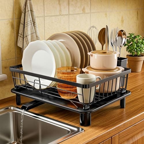 MOUKABAL Dish Drying Rack, Dish Rack, Stainless Steel Dish Racks for Kitchen Counter, Dish Drainer with Removable Utensil Holder, Drainboard (Black,11''W x 15''L) - Thumbnail 4