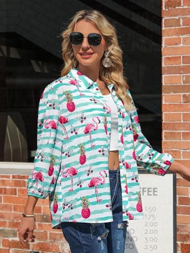 ZXZY Women Pineapple Printed Lapel Collar Half Sleeves Buttons Down Blouse Shirt - Thumbnail 2