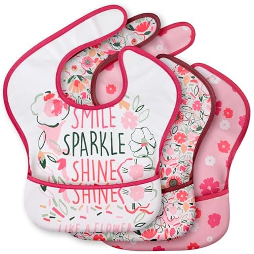 CIVARUA KIDS 3-Pack Waterproof Baby Bibs for Eating - Mess Proof Lightweight Toddler Feeding Bibs with Large Food Catcher, Food-Grade Baby Eating Essentials, Easy to Put On & Clean(Pink Floral)
