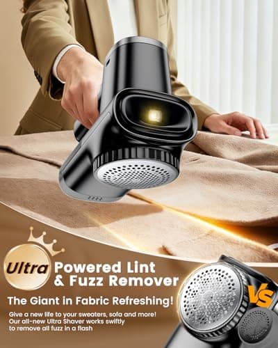 JFNRR Home Large Lint Remover Fabric Shaver - Rechargeable with LED Display, 3D 6-Blade, 180min Runtime, Large Transparent Bin, Zero Damage for Clothes/Sofa/Bedding - Thumbnail 2