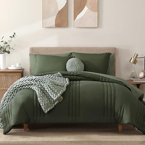 Monbix King Size Comforter Set - 7 Pieces Bed in a Bag King, Olive Green Bedding Sets with Comforter, All Seasons Comforter Bed Set with Sheets, Pillowcases & Shams - Image 1