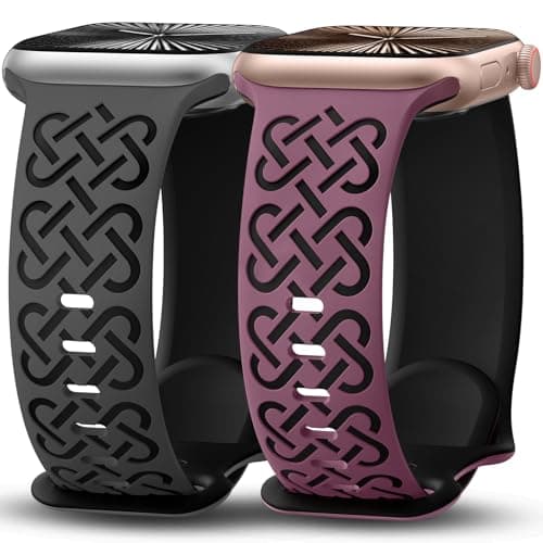 Minyee 2 Pack Engraved Bands Compatible with Apple Watch Band 38/40/41/42mm Women, Soft Silicone Two-Tone Celtic Sport Strap for iWatch Series 11 10 9 8 7 6 5 4 SE/Ultra 3 2 1, Black/VioletRed - Image 1