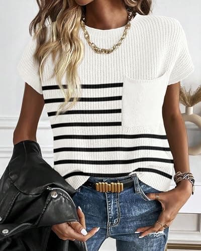 KIRUNDO Spring Summer Short Sleeve Sweater for Women 2026 Casual Sweater Vest Cotton Knit Pullover Tank Tops Fashion Clothing (Striped White, Small) - Thumbnail 6