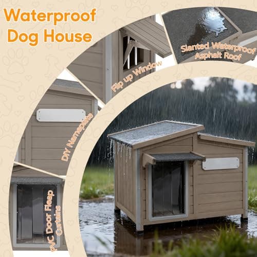 Outdoor Dog House Waterproof for Small to Medium Dogs Breeds with Openable Asphalt Roof, Anti-Chewing Iron Frame, Window, Weatherproof Indoor Outside (43.5" LX 29.5" WX 33.5" H) - Thumbnail 6