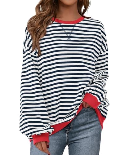 BTFBM Womens Oversized Striped Sweatshirt 2026 Spring Crewneck Long Sleeve Pullover Top Casual Y2K Clothes Workout Shirt(Navy White, Small) - Image 1
