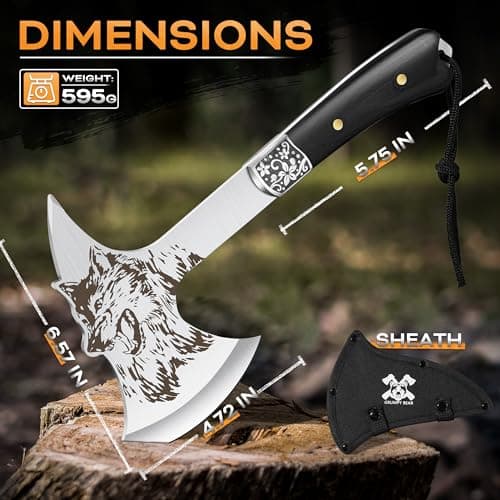 Grumpy Bear Camping Hatchet with Wolf Carving, Full Tang Outdoor Axe with Decorative Handle, Durable Forged Blade for Hiking, Bushcraft, and Survival - Thumbnail 5