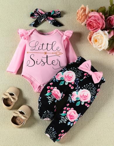 FAMIHAO Big Sister Little Sister Matching Outfits Long Sleeve Ruffle Romper Floral Pants Headband Baby Girl Clothes 3Pcs,0-3M Pink&Black - Thumbnail 3