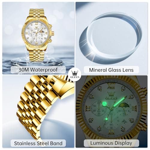 OLEVS Gold Watches for Men Luxury Large Dial Chronograph Gold Man Watch Waterproof Diamond Analog Quartz Nice Dress Watches Roman Numerals Relojes para Hombres - Thumbnail 5