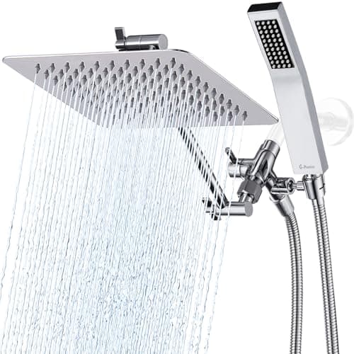G-Promise All Metal 8 Inch Dual Square Shower Head with Handheld Spray Combo, Rain Shower Head, Adjustable Extension Arm, Smooth 3-Way Diverter, 71 Inch Extra Long Hose - A Bathroom Upgrade (Chrome) - Image 1