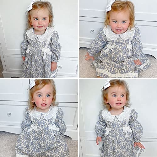 Simplee kids Baby Girls Smocked Dress Handmade Fall Casual Dresses Floral Print Sundress Princess Dress for Toddlers Light Blue 12 Months - Thumbnail 2