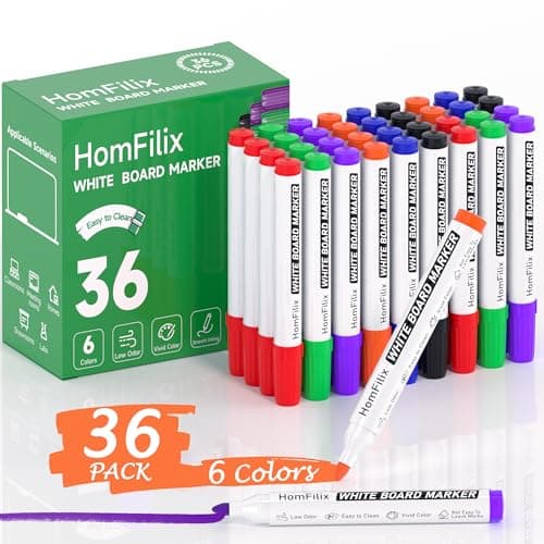 HomFilix White Board Markers Dry Erase 36 Pack, 6 Assorted Colors (Red/Blue/Black/Green/Orange/Purple) with 2 mm Bold Bullet Tip, Plant-Based Low-Odor Ink | Bulk Dry Erase Marker Set for Office Use