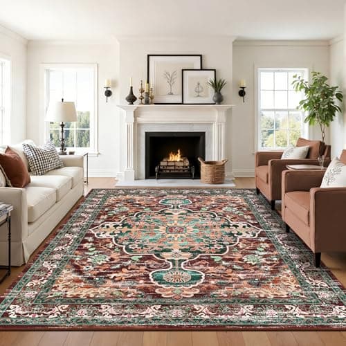 U'Artlines Boho Vintage Area Rug 8x10 Machine Washable Low Pile Ultra-Thin Soft Floor Carpet Non Slip Non Shedding Accent Rug for Living Room Bedroom Entryway Dining Room Office(Rust＆Teal) - Image 1
