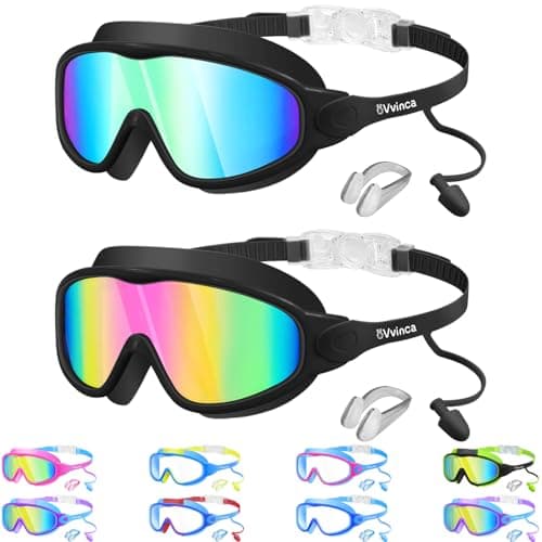 Vvinca Swim Goggles, Kids Goggles with Earplugs& Nose Clip Wide View Anti-Fog/UV Swimming Goggles for Age 3-15 Boys Girls - Image 1