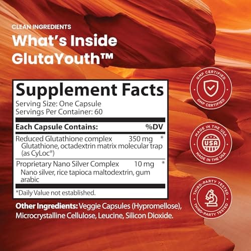GlutaYouth Glutathione Supplement for Skin Health with Antioxidant Support, Absorption Formula with Nano Silver Complex, Daily Wellness Support, Non GMO, Anti Aging, 60 Glutathione Capsule Made in USA - Thumbnail 4