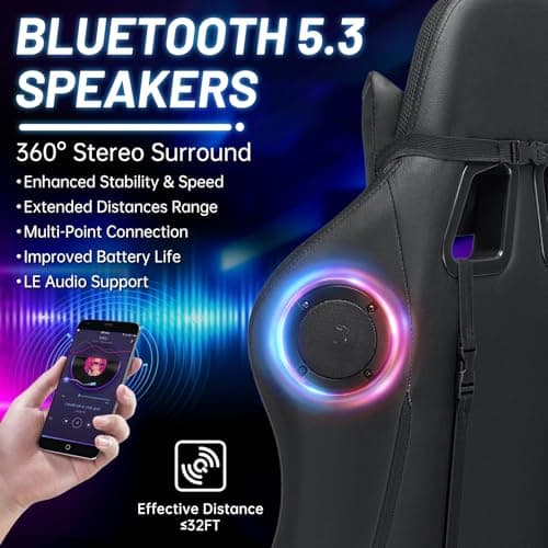 HOFFREE Gaming Chair Massage with Bluetooth Speakers and Led Lights Ergonomic Computer Gaming Chairs with Footrest RGB Video Game Chair with High Back Lumbar Support Grey and Black - Thumbnail 4