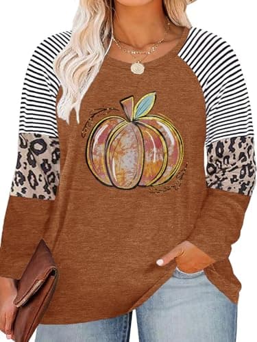 HDLTE Plus Size Pumpkin Shirts Women Long Sleeve Halloween Thanksgiving Fall Tshirt 2025 - Image 1