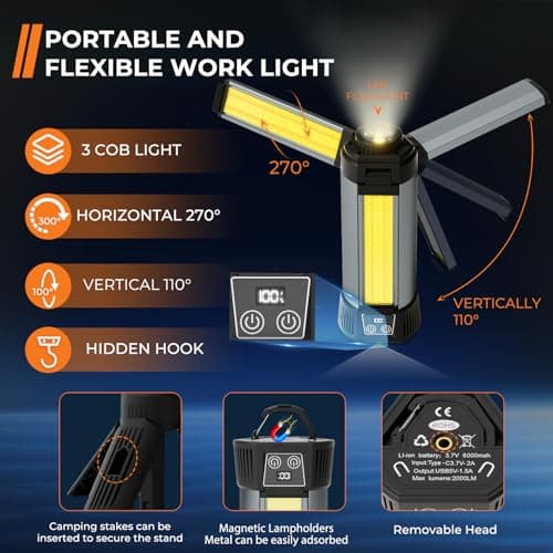 Rechargeable Work Light with Stand, Outdoor LED Cordless Camping Light with Portable Telescopic Bracket, 3.7 Ft Tall 6AH Battery, 2000 Lumen Construction Lights with Carrying Bag - Thumbnail 2