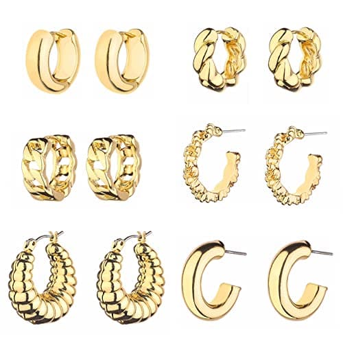 Wgoud Chunky Hoop Earrings Set 14K Gold Plated Hoop Earrings for Women Hypoallergenic, Thick Hoops Earring set, Twist Huggie Hoop Earring (6 Gold Chunky Hoops) - Image 1