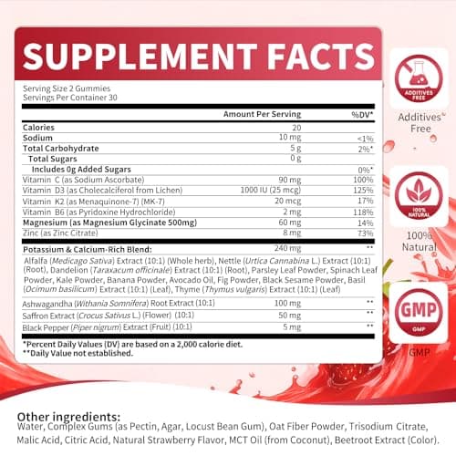 2 Pack Potassium Magnesium Gummies, Sugar Free Potassium Supplement Magnesium Glycinate 500mg, Ashwagandha, Vitamins D3, C, B6, Calcium & Zinc for Sleep, Leg Cramps & Muscle Relaxation-120 Count - Thumbnail 2