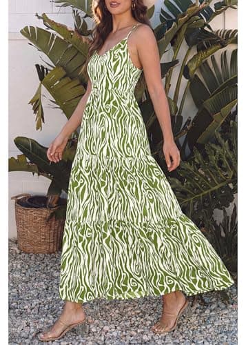 KIRUNDO Sundresses for Women 2026 Spring Summer Hawaiian Print Boho Floral Spaghetti Strap Beach Vacation Flowy Maxi Dress(Army Green, Large) - Thumbnail 6