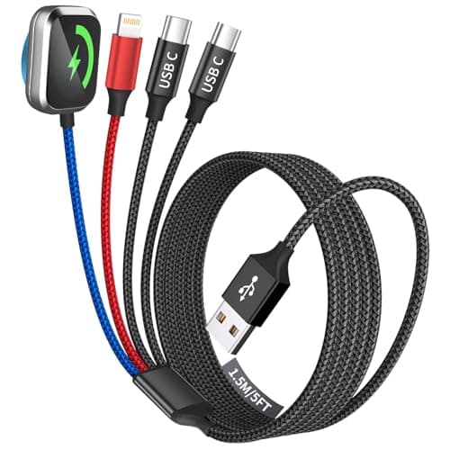 Dual Type-C 4 in 1 Charging Cable for Phone Watch Charger, Travel Essentials Multi Charging Cable iPhone Charger Cord Compatible with iWatch Ultra/SE/10-1, iPhone17 16 15 14, Android-1Pc 5FT - Image 1